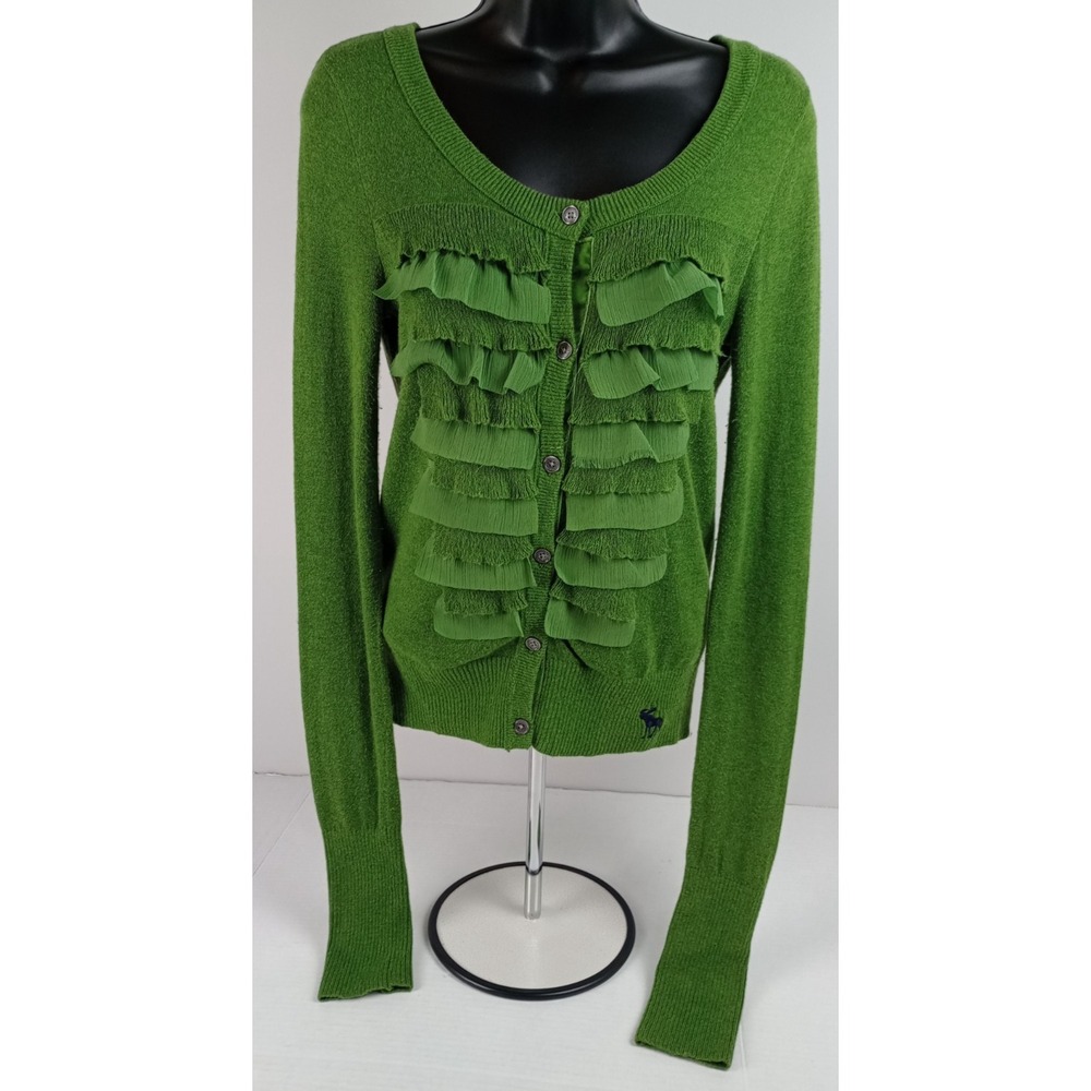 Abercrombie Fitch Women's S Green Ruffle Long Sleeve Button Up Sweater Cardigan